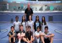 The successful Herts U15 badminton side - back row: Chenara De Silva, Aditi Dhelaria, Anna Stewart, Saghana Thayaparan, Aayushi Dhelaria. Front row: Hanson Shinghei Sy, Jaxon Clarke, Johan Jospeh, Jeff Ani Joseph, Dev Mathur with Mike Newlove at the