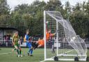 Ben Spaul scores the winner for Harpenden Town against Biggleswade United. Picture: TOBY HOWE