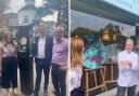 Cllr Lucy Selby, Oliver Dowden MP, Radlett Opticians owner, Fress Deli owner Martin Ment.