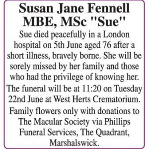 Susan Jane Fennell MBE, MSc
“Sue”