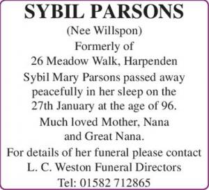 SYBIL PARSONS (Nee Willson)