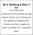 Mr E Wailling - Miss Y Ise