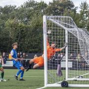 Ben Spaul scores the winner for Harpenden Town against Biggleswade United. Picture: TOBY HOWE