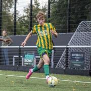 Fynn Sweeting made his first-team debut for Harpenden Town in their loss to Arlesey. Picture: TOBY HOWE