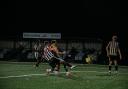 Jake Anthony scores Harpenden Town's equaliser in the FA Cup replay at St Ives. Picture: FREDDIE CLARK