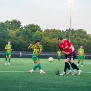 Hadley Gleeson lets fly for Harpenden Town against Wormley Rovers. Picture: FREDDIE CLARK