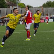 Josh Castiglione celebrates his first goal for St Albans City. Picture: JIM STANDEN