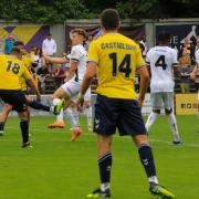 Sam Deadfield takes a shot from Weston-super-Mare. Picture: JIM STANDEN