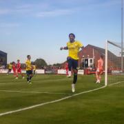 Shaun Jeffers celebrates scoring for St Albans City at Needham Market in the FA Cup. Picture: JIM STANDEN