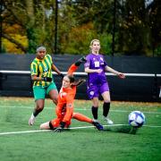 Sophia Amanor slides Harpenden Town in front against Stevenage. Picture: FREDDIE CLARK